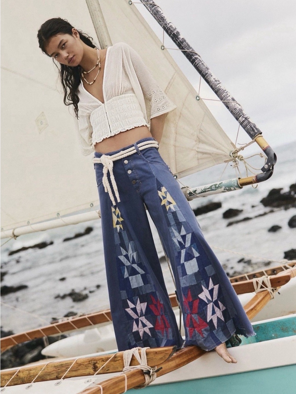 Free People Kaleidoscope Wide Leg Jeans We The Free Patchwork Starry Night - Picture 5 of 7